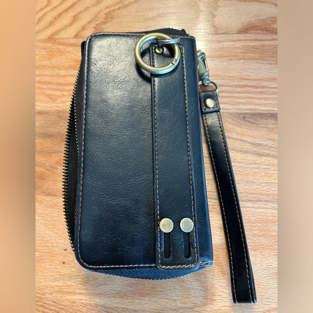 POL Black Leather Wristlet Phone Case with Zip and Snap